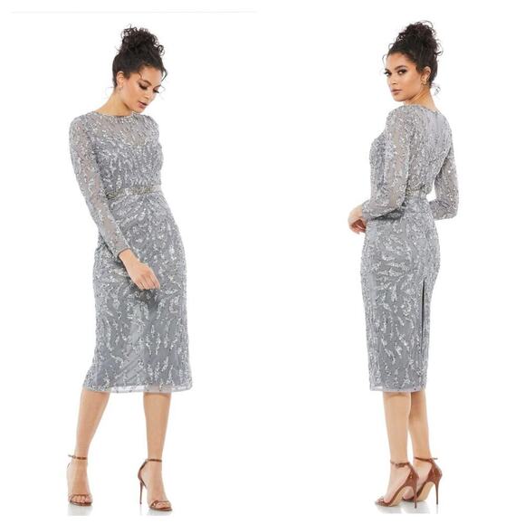 Mac Duggal Long Sleeve Sequin Embellished Illusion Sheath Dress Platinum 8 NWT - Picture 1 of 13